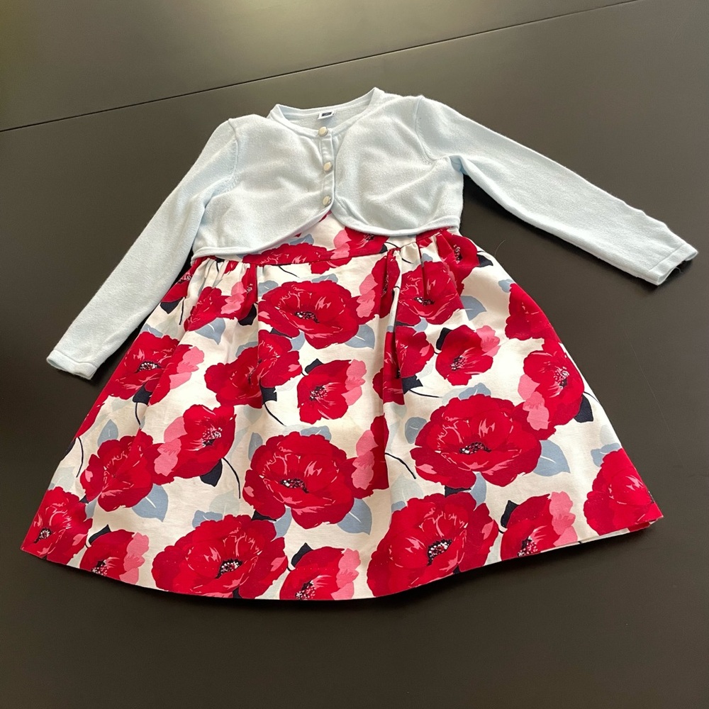 Janie & Jack Red Floral Dress with Sweater Holiday, Special Occasion Dress.